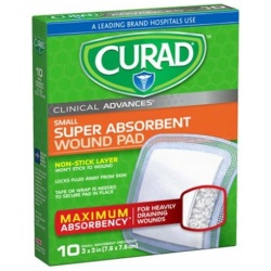 Curad Clinical Advances Super Absorbent Wound Pads 3inc x 3inc, Small, 10 Ea
