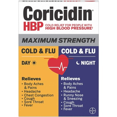 Coricidin HBP, Decongestant-Free Cold Symptom Relief for People with High Blood Pressure, Maximum Strength Cold & Flu Day+Night Liquid Gels, 24 Count